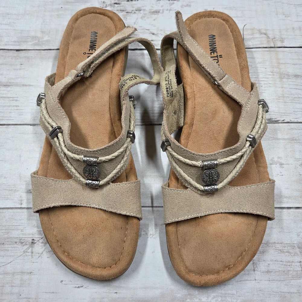 Minnetonka Sandals Women 10‎ Beige Suede Slingback Boho Braided Medallion 799910